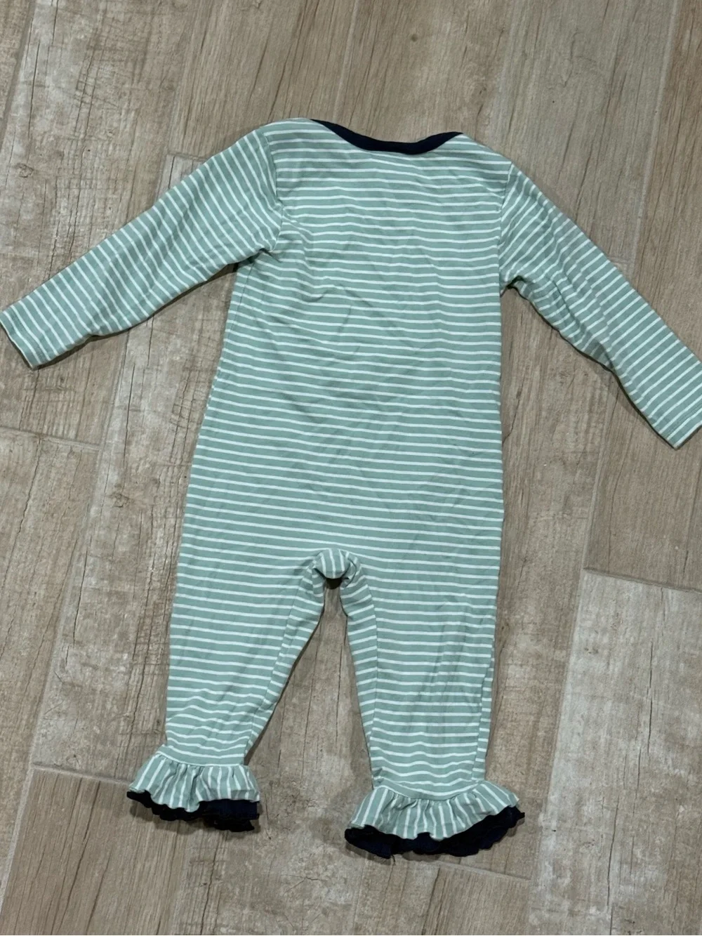 Three Sisters Teal Striped Turkey Appliqué Ruffle Romper 2T Boutique Girls EEUC